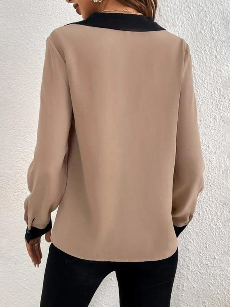 Camisa de moda para mujer, estilo casual con cuello V, detalles de contraste y ajuste cómodo.