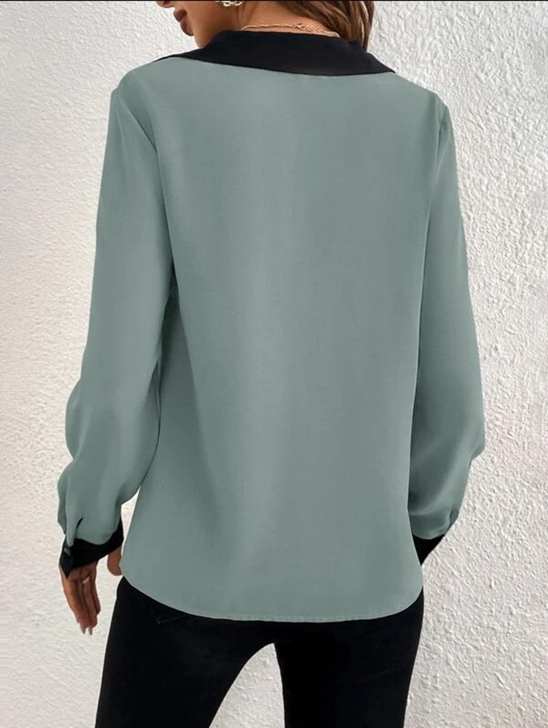 Camisa casual de mujer, diseño elegante con cuello V y contraste, ideal para uso diario y estilo.