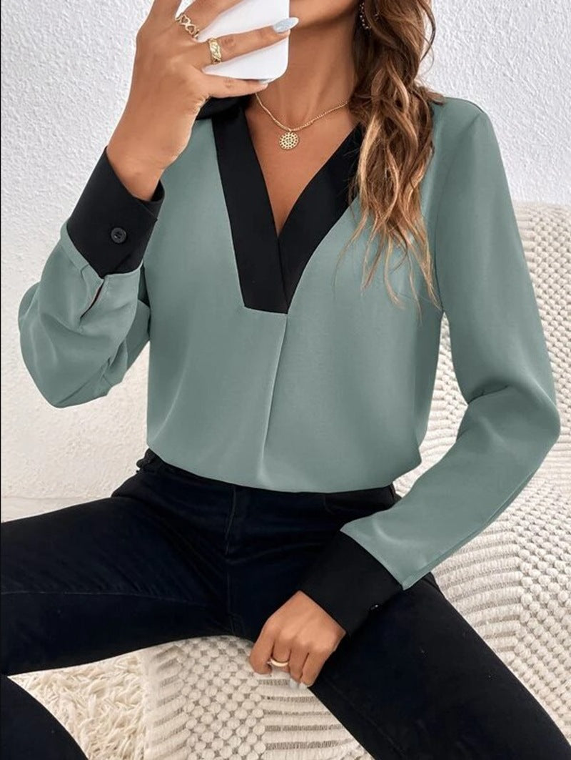 Camisa de mujer con contraste de color en cuello V, blusa casual y moderna para cualquier ocasión.