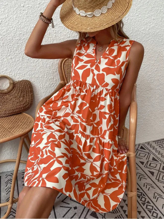 Vestido floral casual para mujer, sin mangas y escote en V, perfecto para días cálidos.