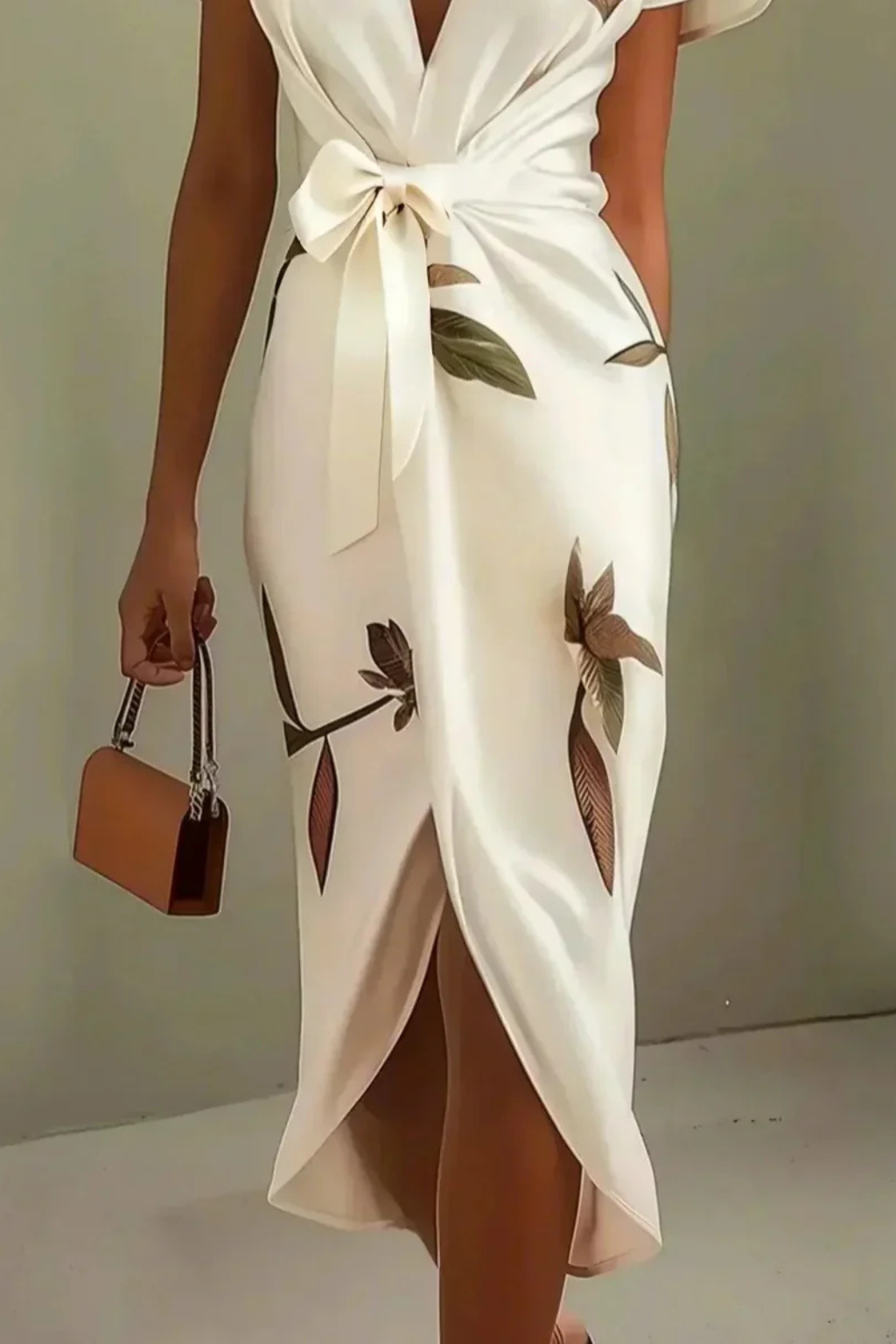Elegante vestido midi cruzado para mujer, ideal como vestido de fiesta o invitada de verano.