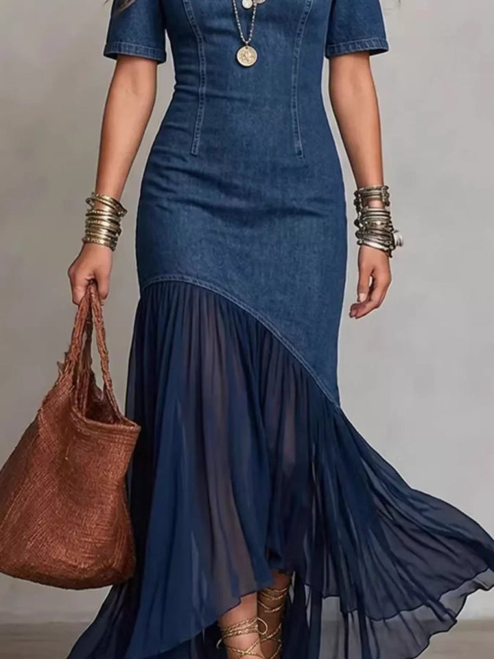 Vestido de fiesta largo para mujer con diseño de hombros descubiertos y volantes asimétricos. Moda elegante.