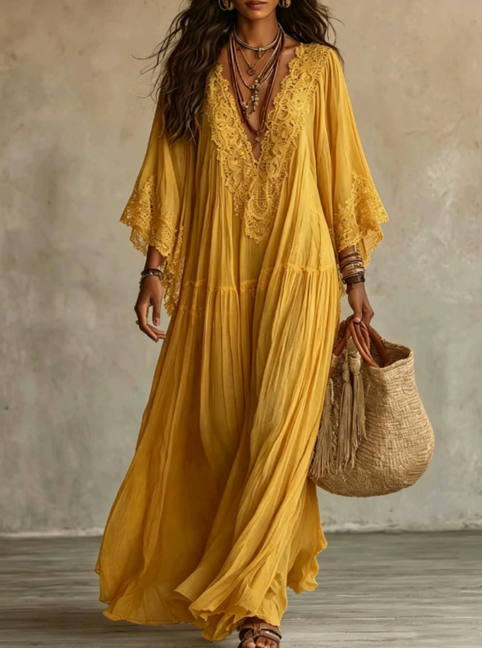 Vestido largo de verano bohemio, mujer, perfecto para un look casual en la playa.