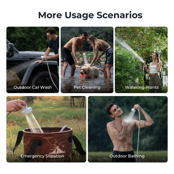 Ducha de camping portátil con sistema de presión para higiene, ideal para excursiones y viajes de aventura.
