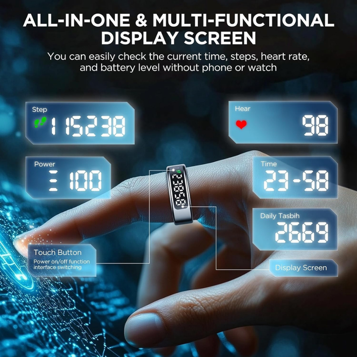 Elegante anillo inteligente unisex en acabado metálico, mejora tu bienestar monitorizando sueño y energía.
