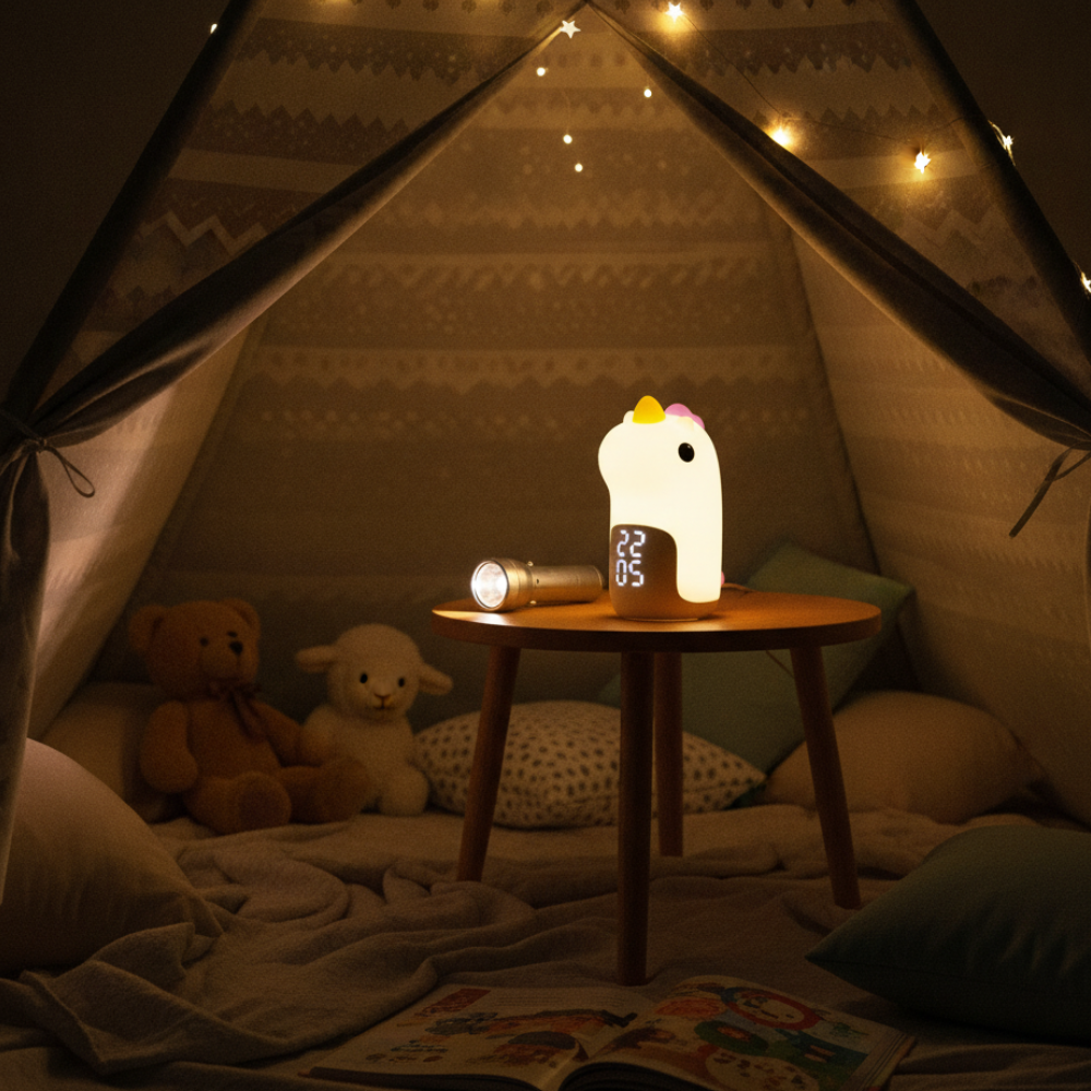 Unicornio para niños: Luz suave LED, despertador y decoración para mesita de noche.