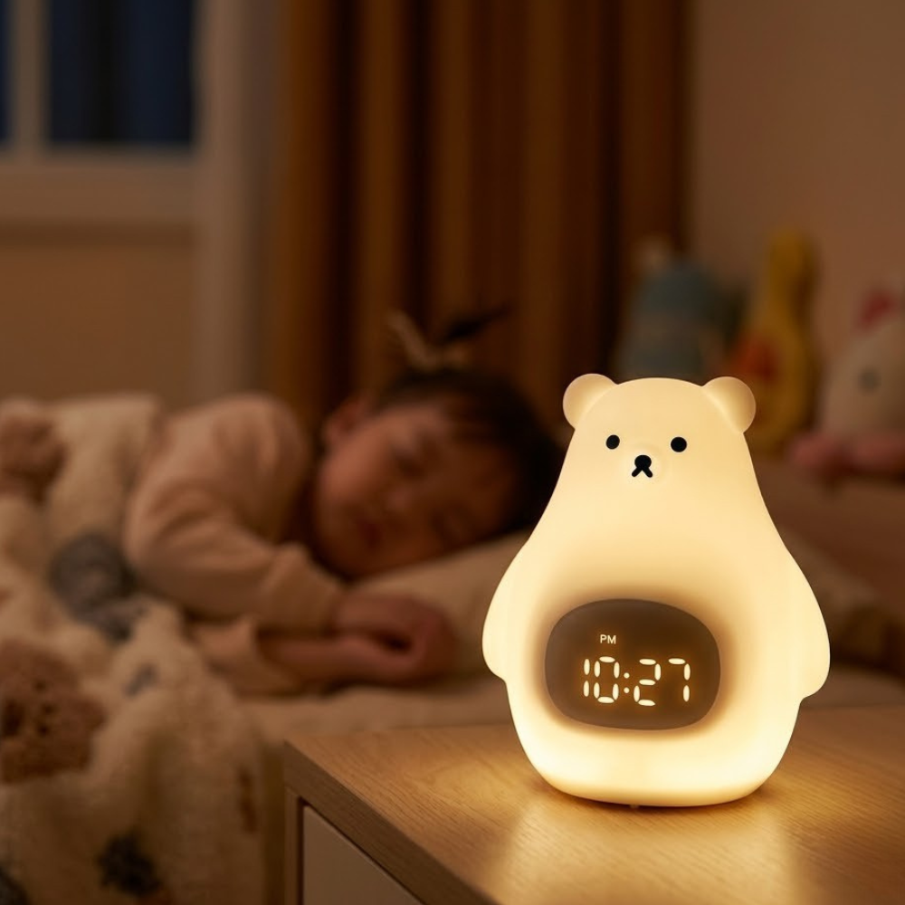 Lámpara de mesa LED oso polar, reloj despertador infantil USB, luz de noche para dormitorio de niños.