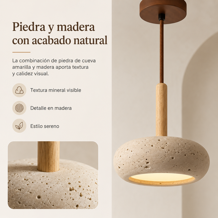 Lámpara de techo LED japonesa Ø 15cm, fusiona piedra rústica y madera, creando ambiente natural y sereno.