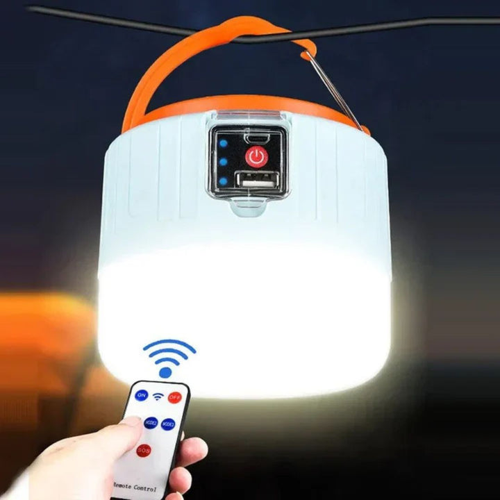 Linterna LED portátil para camping y emergencias. Luz recargable impermeable, ideal para senderismo y aventura al aire libre.