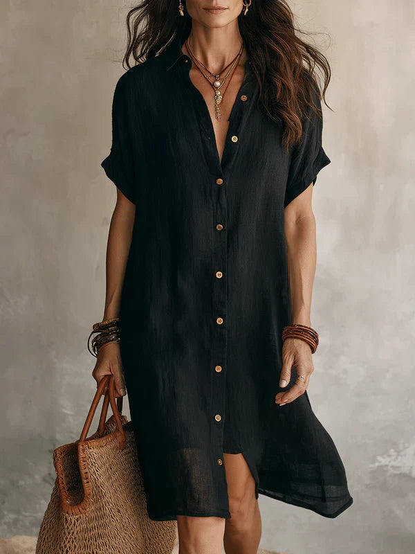 Vestido camisa midi de verano para mujer, estilo versátil y elegante. Ideal para playa, casual o eventos.