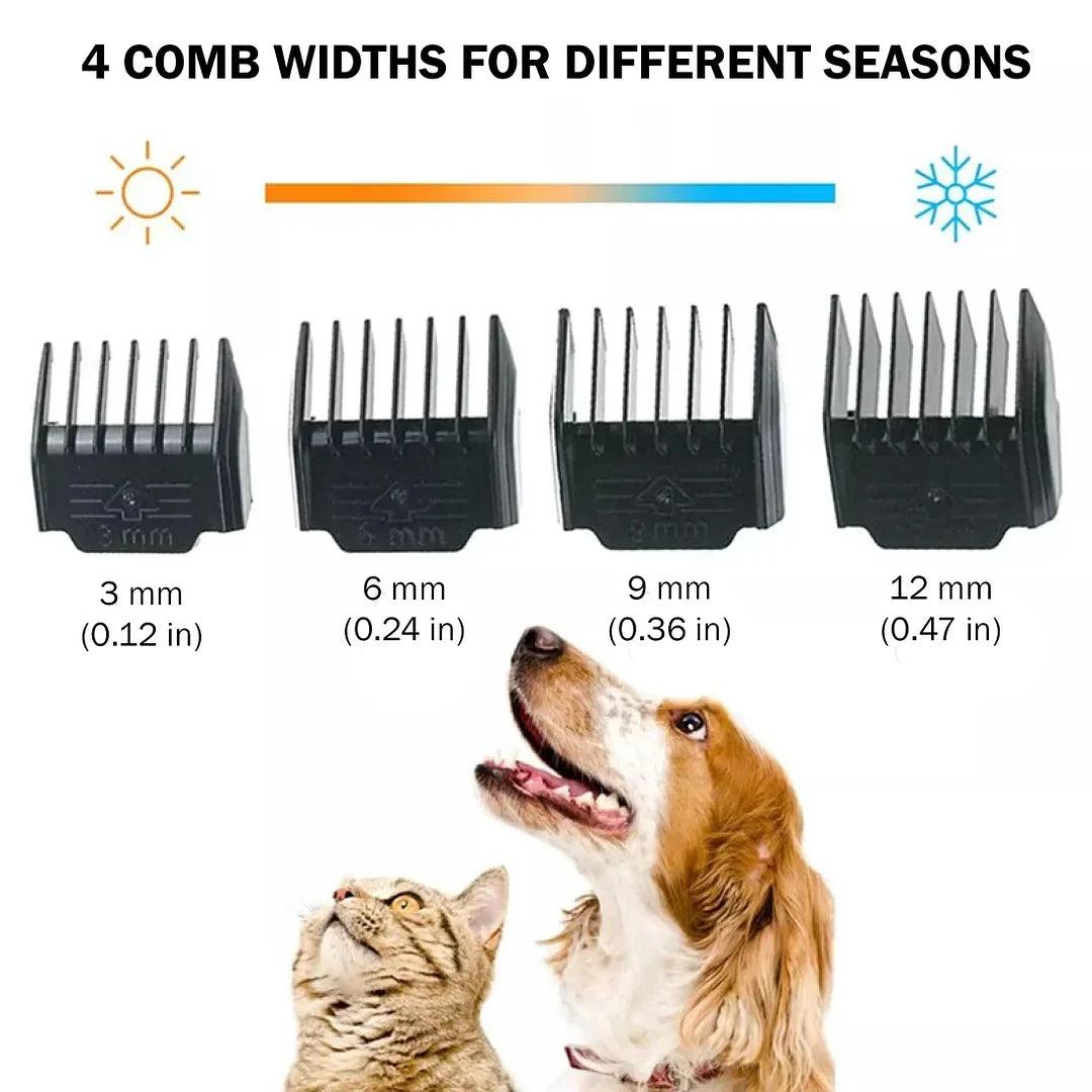 Kit de aseo para mascotas con cortadora de pelo inalámbrica, peines guía y cargador. Peluquería canina en casa.