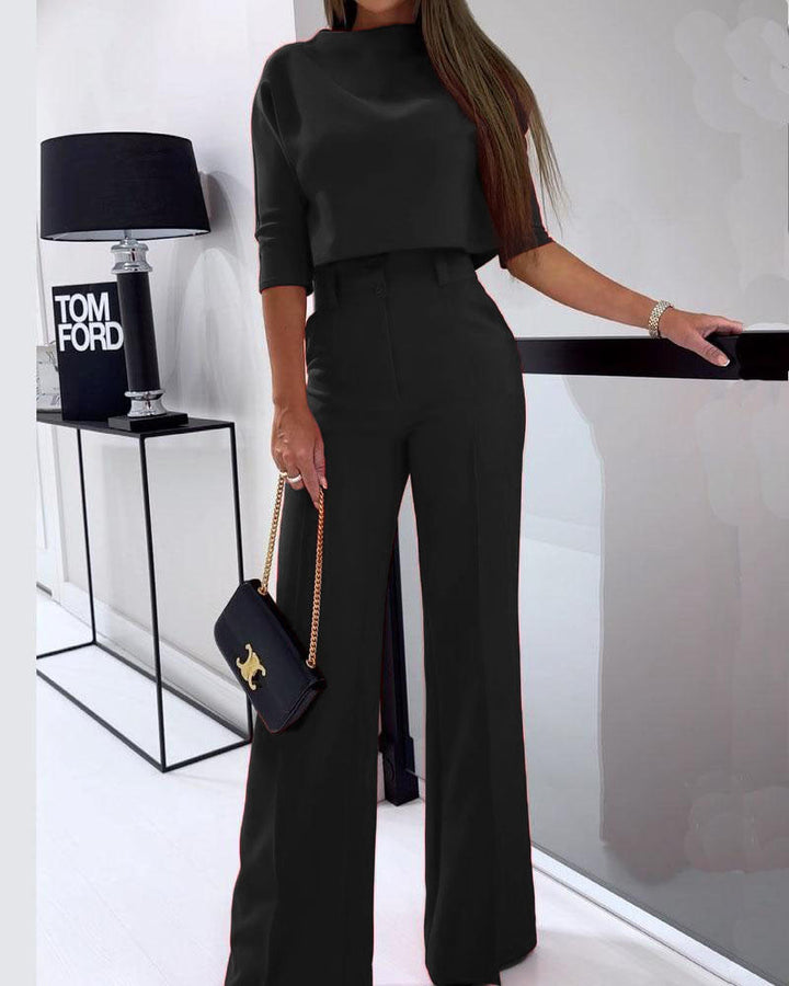 Moda femenina: Conjunto versátil rosa de blusa chic y pantalón ancho. Estilo moderno y elegante. [[lstfy-media:2]]