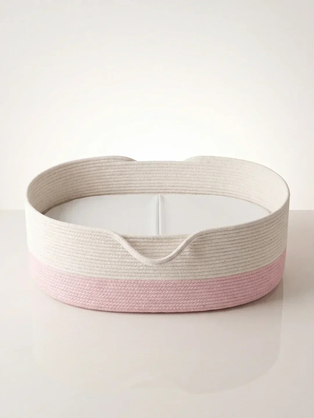 Cesta cambiador ovalada de algodón tejido, colores gris perle y ecru beige, regalo bebé perfecto.