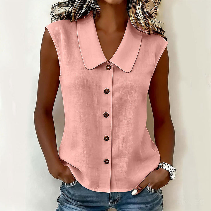 Blusa de mujer fluida y ligera, sin mangas, con botones, ideal para mantenerte fresca en verano.