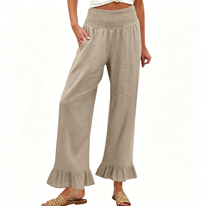 Pantalón ancho de mujer en algodón y lino, tiro alto smock, estilo bohemio casual para verano.