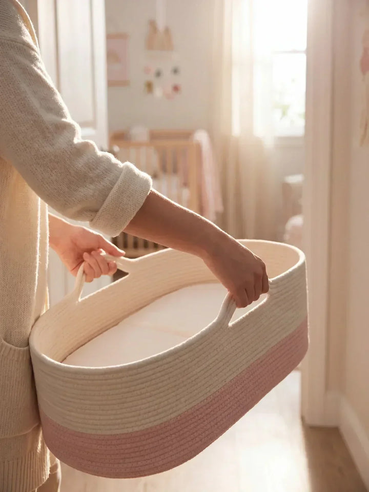 Regalo bebé: cesta cambiador rose poudré/ecru, tejida, con colchoneta suave y confortable.