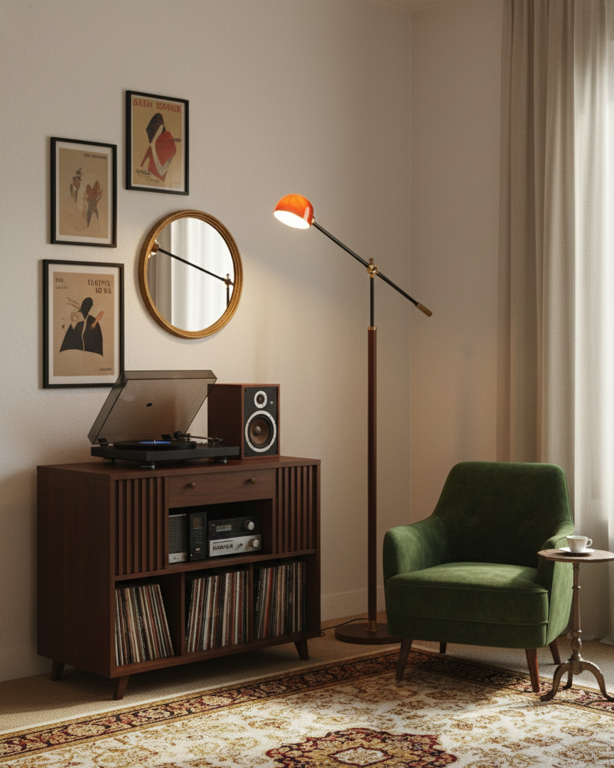 Lámpara de pie con luz direccional, brazo oscilante, columna de madera y metal, ideal lectura.