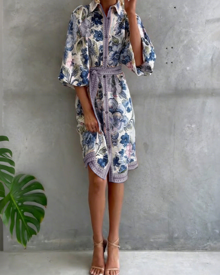 Vestido de mujer floral con botones delanteros, mangas farol; perfecto para la primavera.