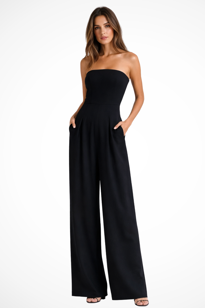 Elegante mono sin tirantes para mujer, pierna ancha, perfecto para un atuendo casual de moda veraniega.