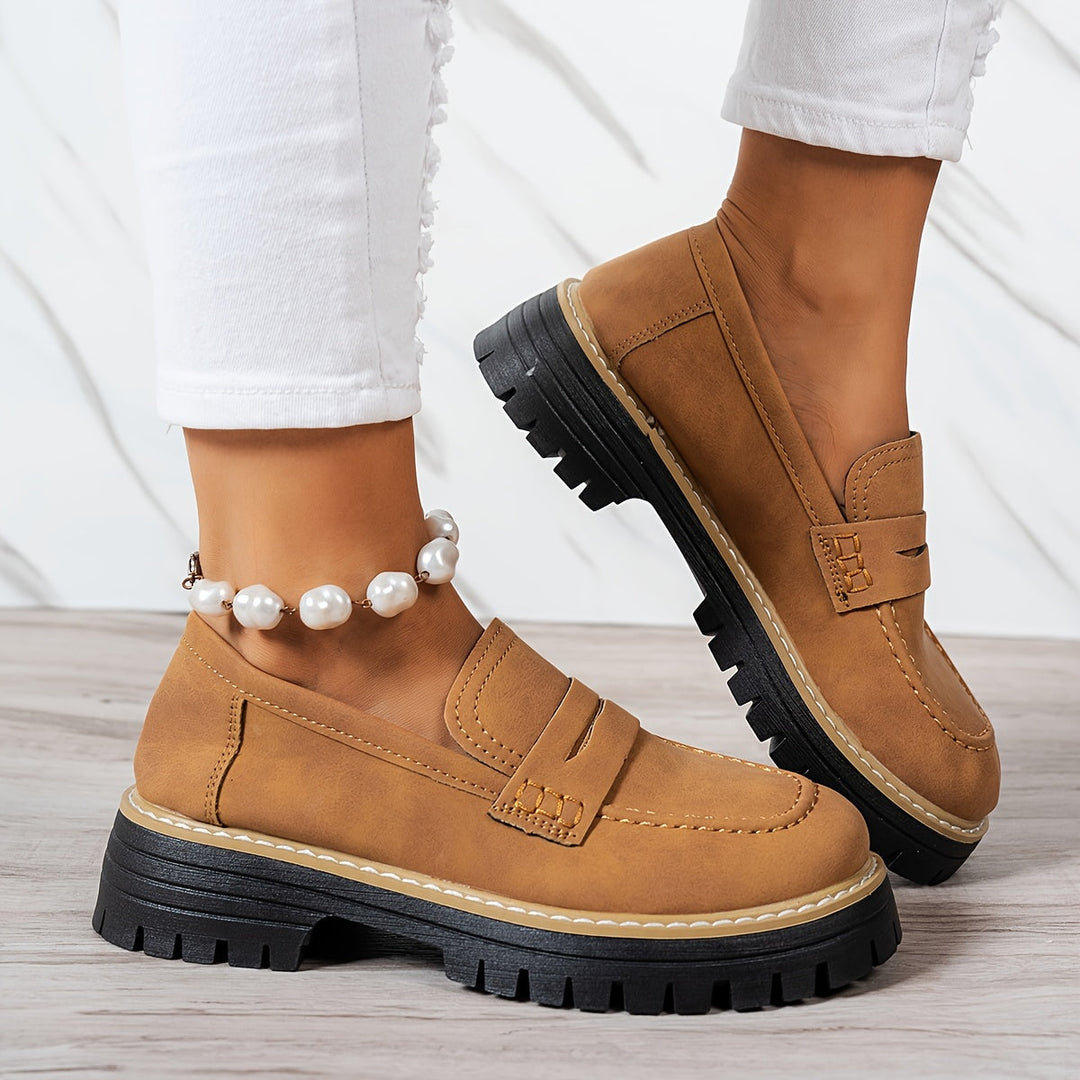 Mocasines de mujer retro con suela gruesa, cómodos, piel sintética, ideales primavera-otoño.