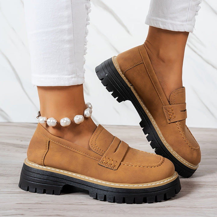 Mocasines de mujer retro con suela gruesa, cómodos, piel sintética, ideales primavera-otoño.