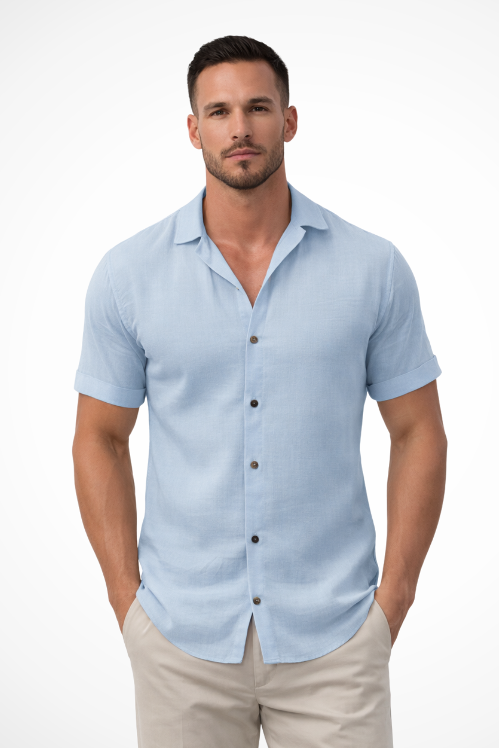 Camisa de verano para hombre, manga corta, casual, con botones. Ideal para clima cálido y estilo relajado.