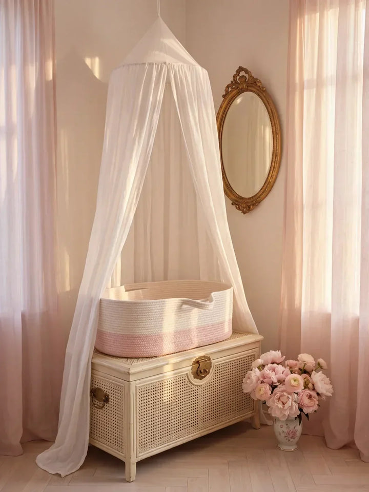 Cesta cambiador ovalada gris perle/ecru, algodón tejido, ideal para la comodidad del bebé.