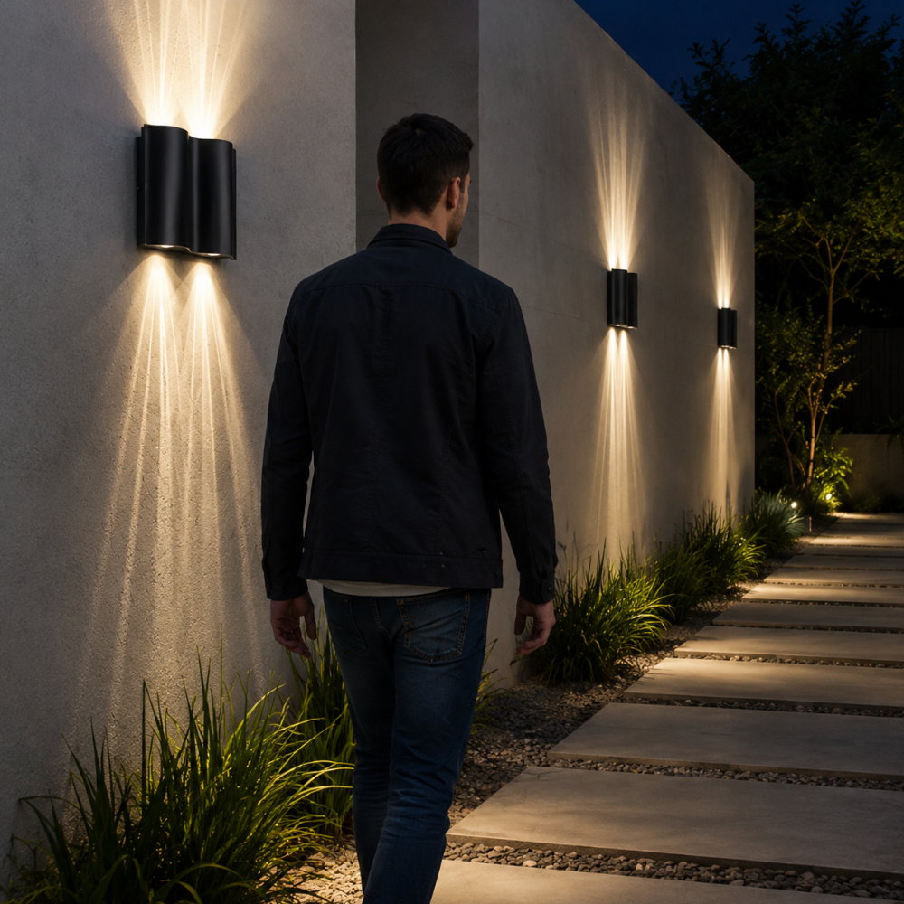 Iluminación exterior LED, aplique de pared con diseño ondulado, alta durabilidad.