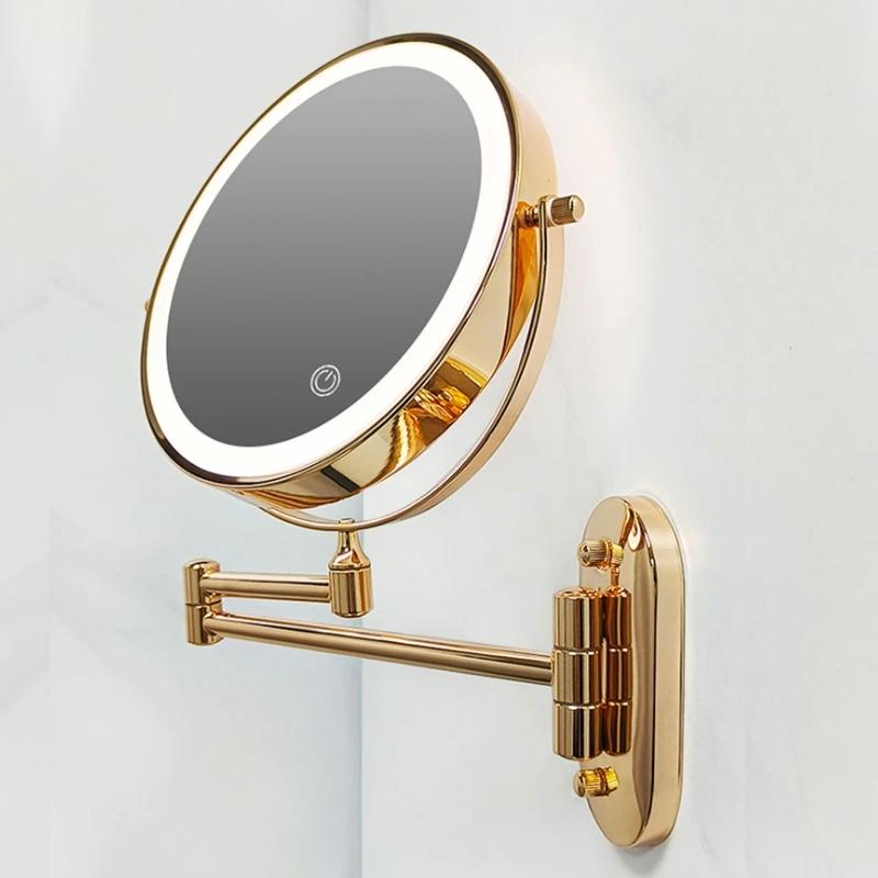 Espejo de maquillaje de pared con luz LED y aumento 5x, recargable y plegable, ideal para belleza.