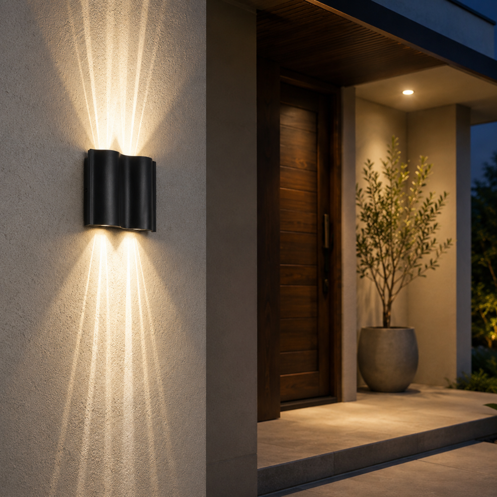 Luz LED para jardín, aplique moderno de pared con ondas, resistente y funcional.