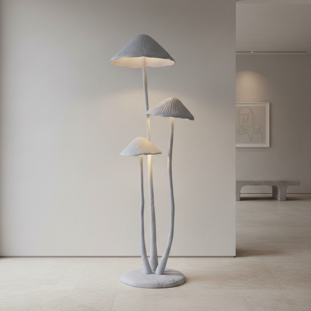 Lámpara de pie LED hongo escultural, diseño moderno para sala de estar.