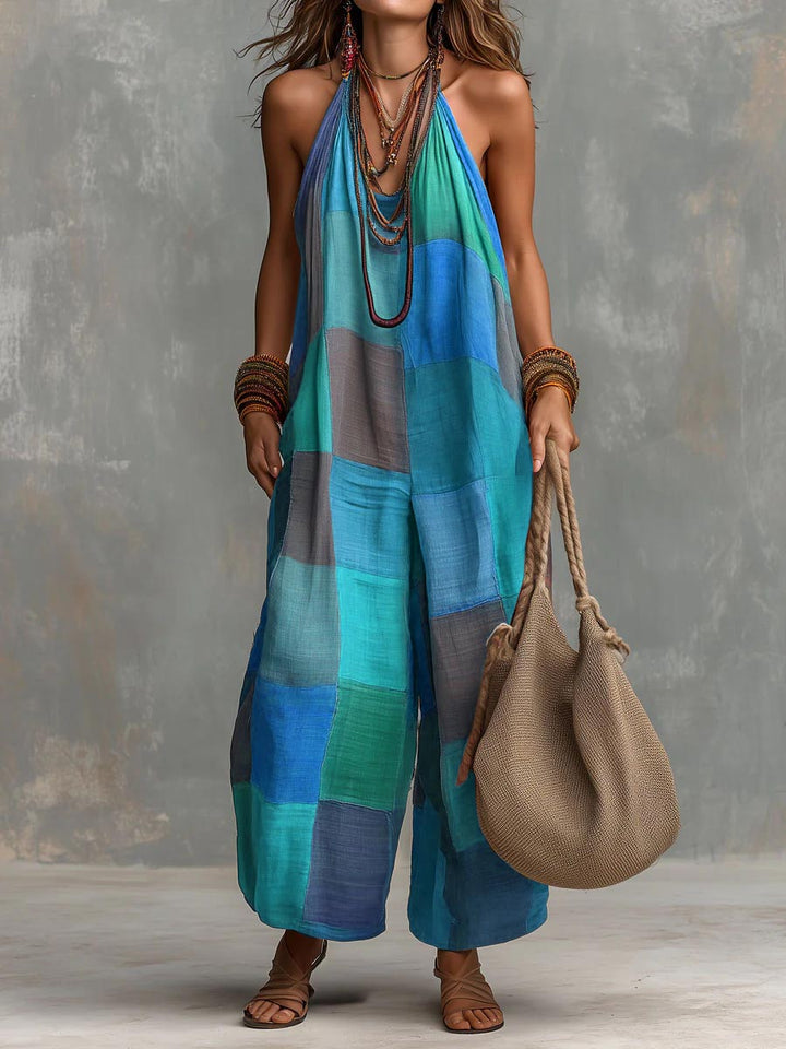 Mono de mujer estilo bohemio casual, confeccionado en algodón y lino, diseño patchwork.