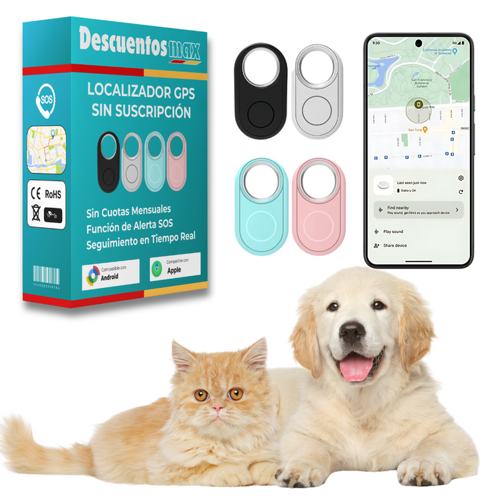 Localizador GPS para mascotas compacto, diseño moderno, para seguimiento de perros y gatos sin suscripción.