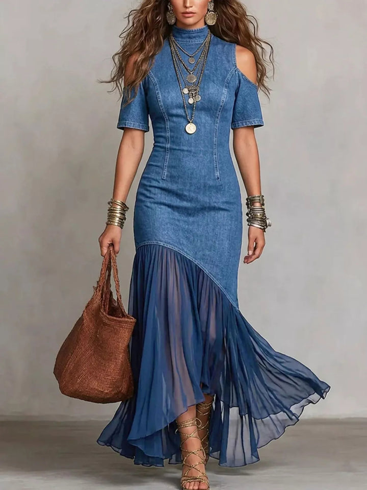 Vestido de verano largo mujer, estilo hombros descubiertos con volantes en el bajo. Diseño fresco y elegante.