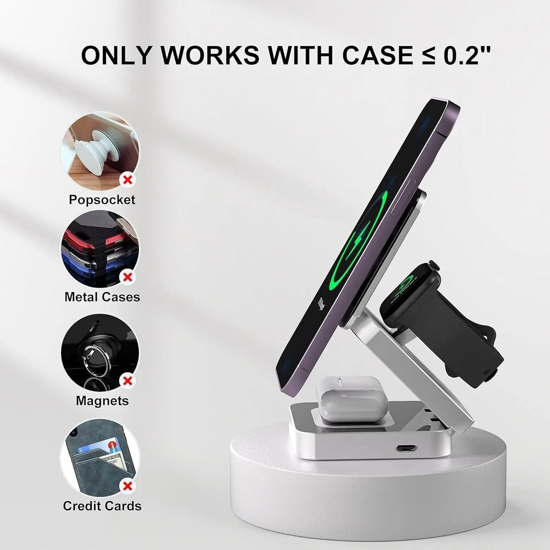 Cargador rápido 30W 3 en 1 para iPhone, AirPods y Apple Watch. Base magnética plegable y universal.