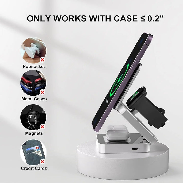 Cargador rápido 30W 3 en 1 para iPhone, AirPods y Apple Watch. Base magnética plegable y universal.