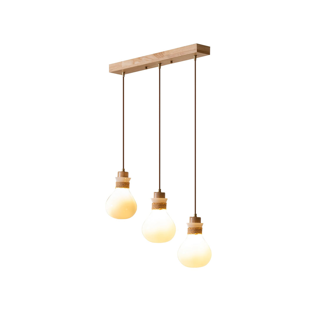 Lámpara de techo colgante de cuerda y cristal instalada. Iluminación moderna y rústica para interiores.
