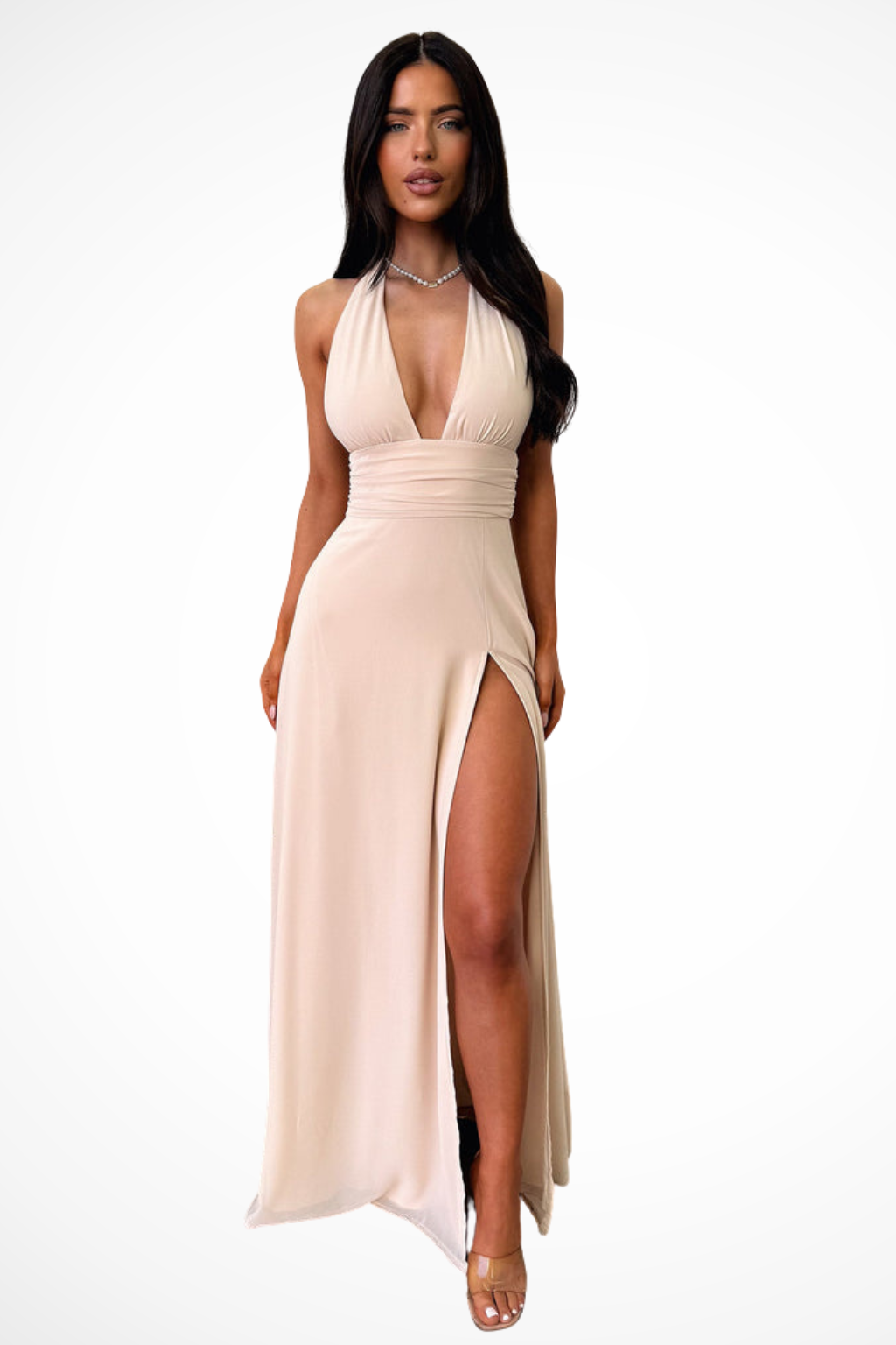 Vestido maxi halter elegante para mujer, ideal para fiesta, boda o graduación.