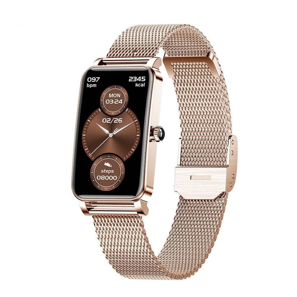Reloj inteligente elegante para mujer, monitor de fitness, notificaciones. Smartwatch de moda y salud.