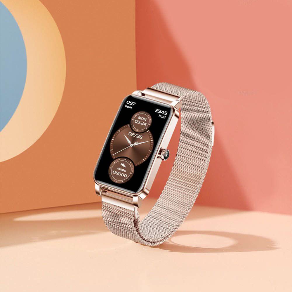 Smartwatch de acero inoxidable para mujer, diseño elegante, ideal para deporte y uso diario.