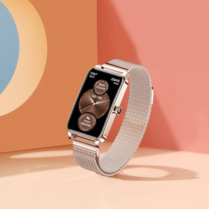 Smartwatch de acero inoxidable para mujer, diseño elegante, ideal para deporte y uso diario.