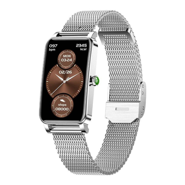 Pantalla de reloj inteligente mostrando métricas de fitness y mensajes. Para mujeres activas y conectadas.