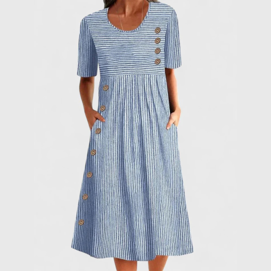 Vestido midi rayado para mujer, estilo casual elegante, perfecto para primavera/verano. Ropa femenina cómoda y versátil.