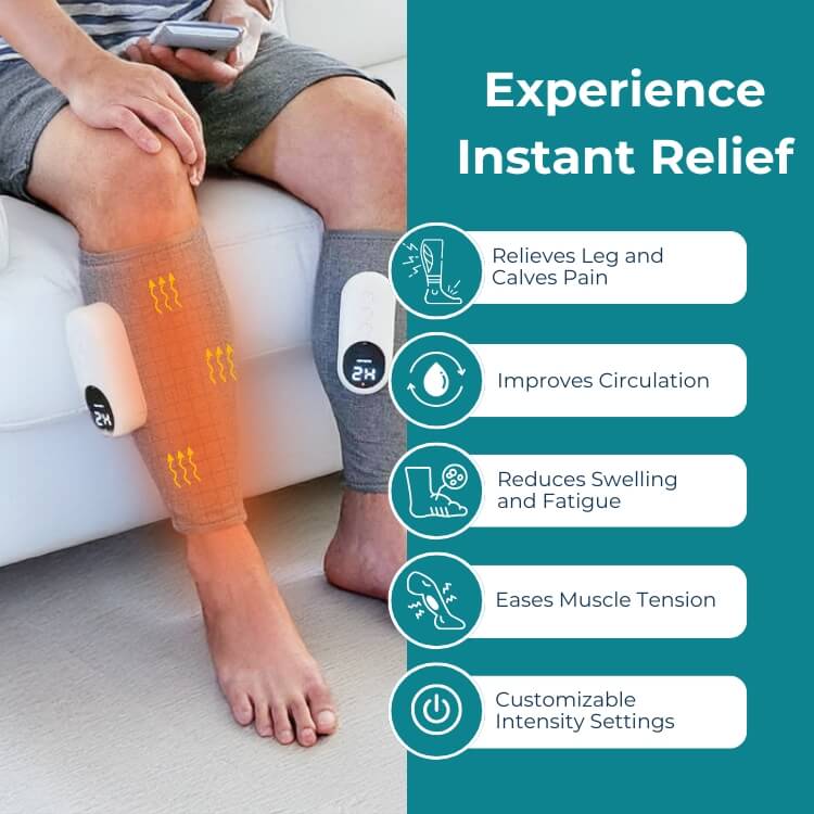Dispositivo masajeador portátil de piernas con terapia de calor para relajación y drenaje linfático.