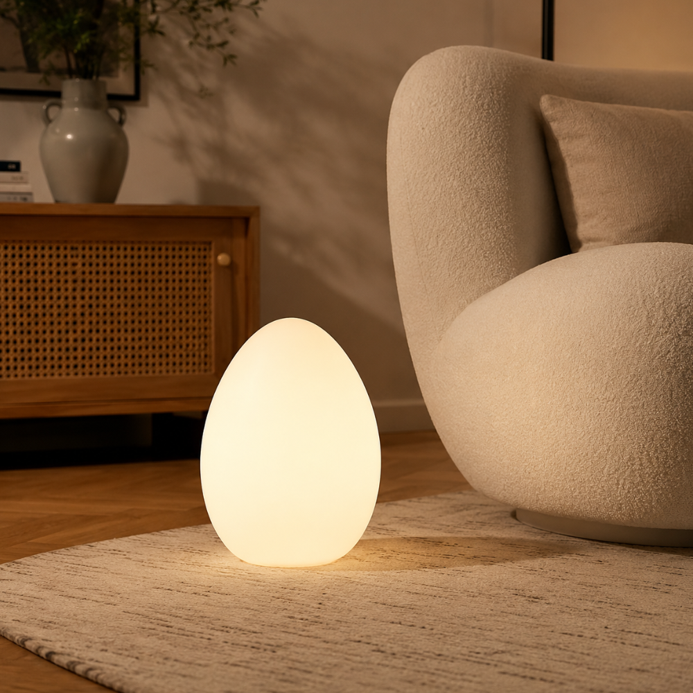 Lámpara de pie LED moderna con diseño de huevo minimalista, ideal para sala de estar.