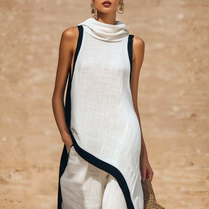 Fresco conjunto casual de mujer: túnica asimétrica de lino y algodón y pantalón ancho. Perfecto para días cálidos.