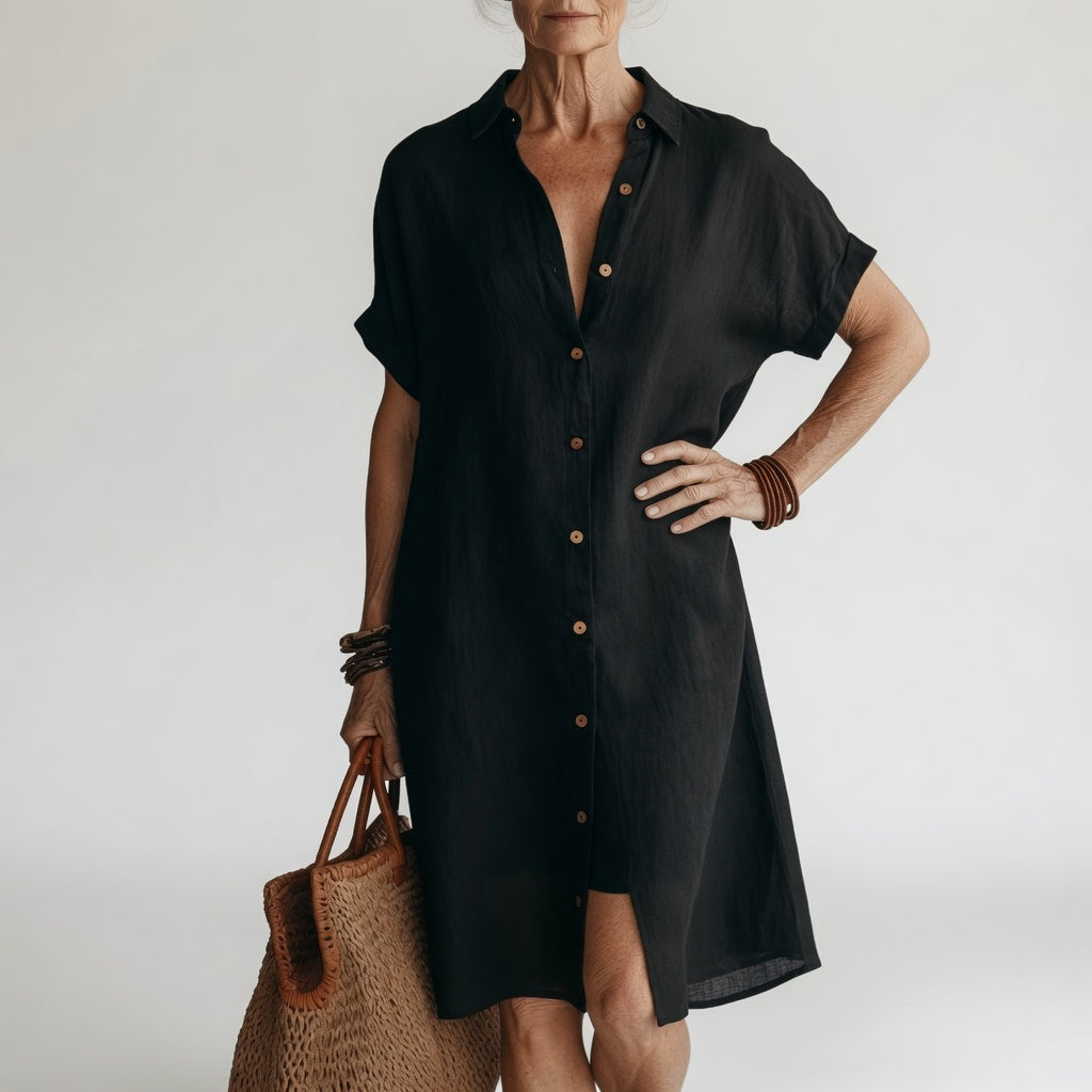 Moda femenina: vestido camisero midi. Diseño elegante y transpirable, ideal para looks diarios de verano.