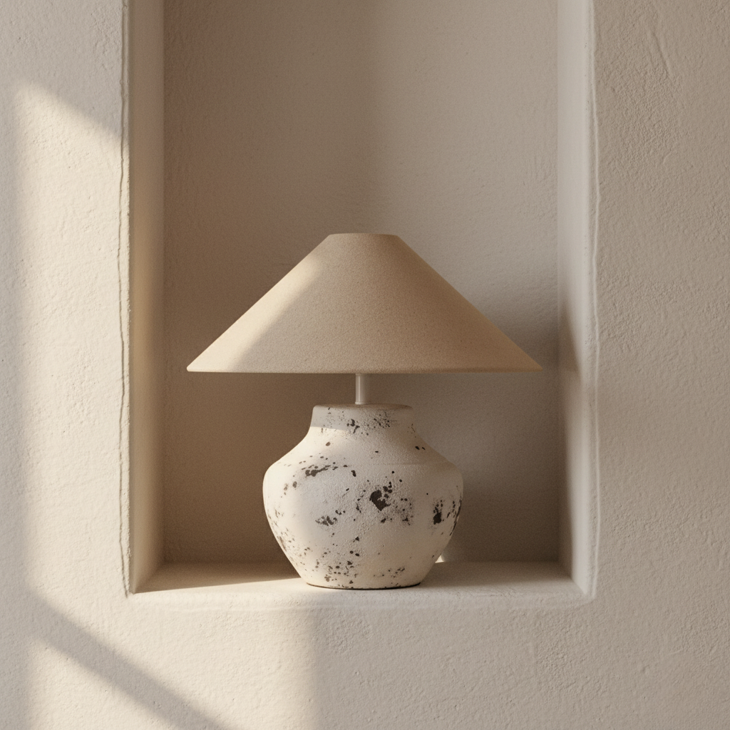 Lámpara de mesa cerámica rústica con pantalla de lino, perfecta para iluminación ambiental cálida y estilo wabi-sabi.
