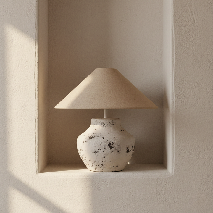 Lámpara de mesa cerámica rústica con pantalla de lino, perfecta para iluminación ambiental cálida y estilo wabi-sabi.