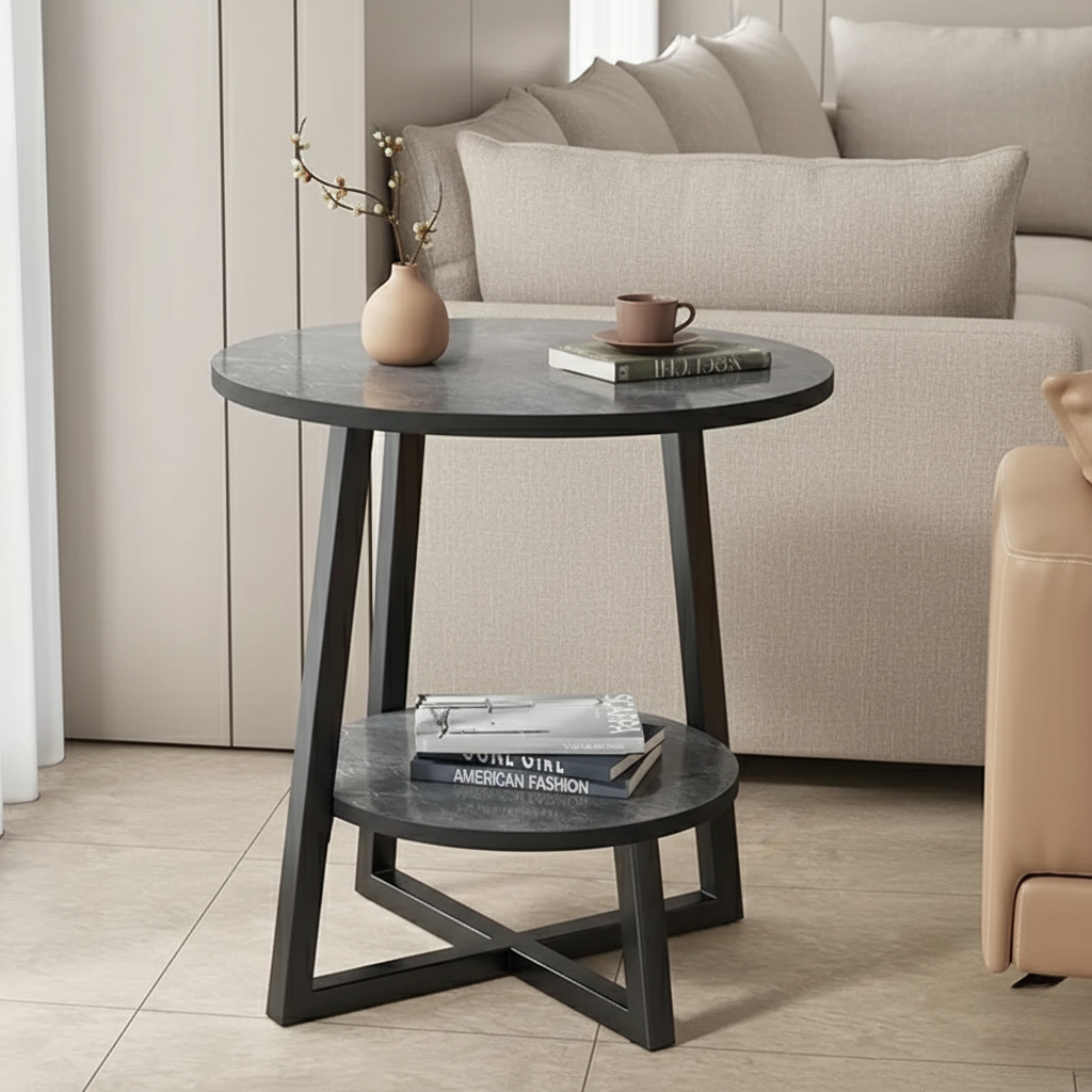 Mesa auxiliar para exterior, estilo minimalista, redonda y compacta, perfecta para patios o balcones.